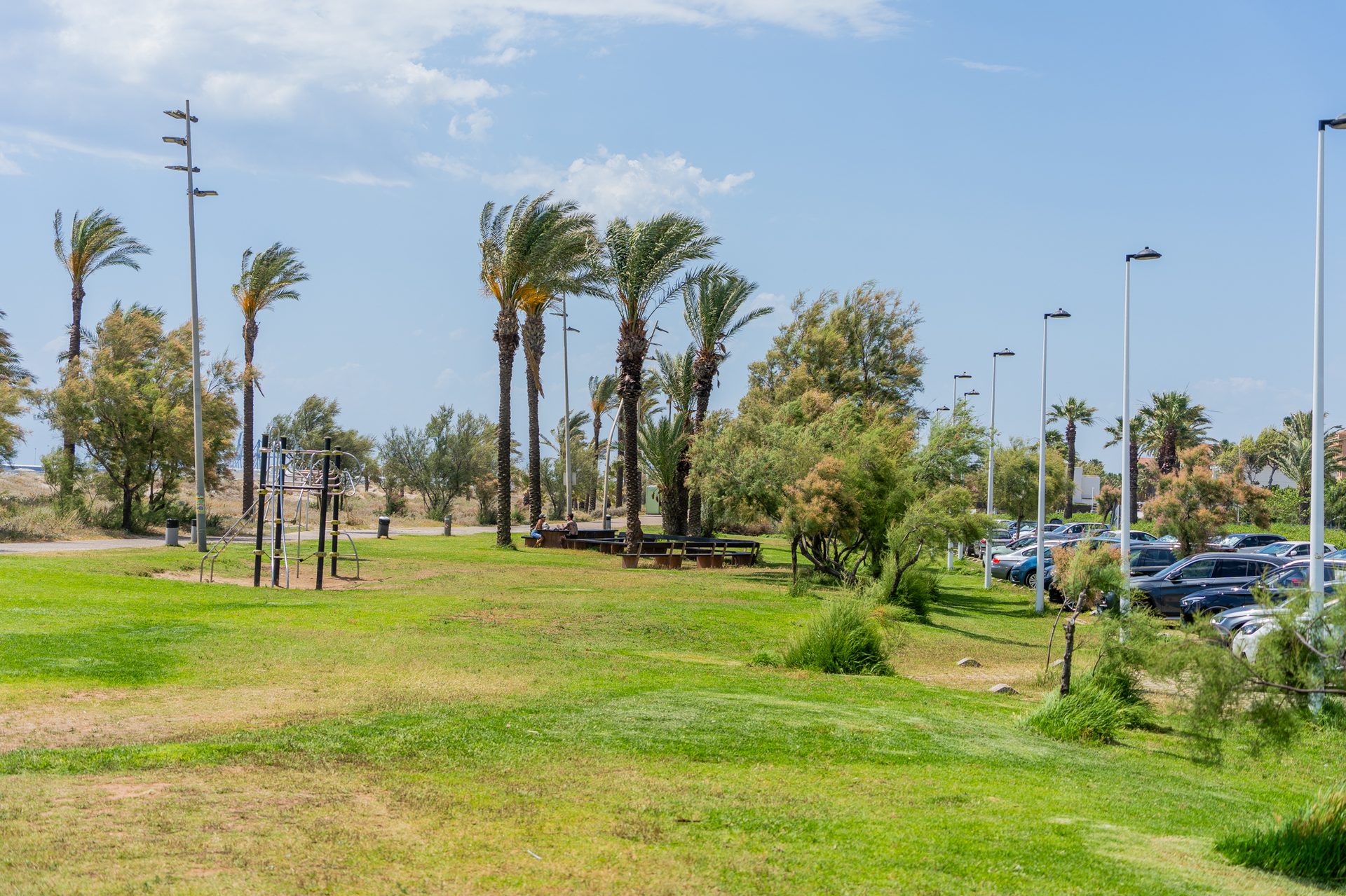 Parque junto a la playa del Grao con palmeras y montañas