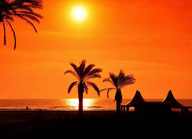 Atardecer mediterráneo con palmeras en la costa de Castellón, cerca de Benicàssim